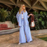 New Spring Autumn Fashion Casual White Base Blue Striped Set Suit